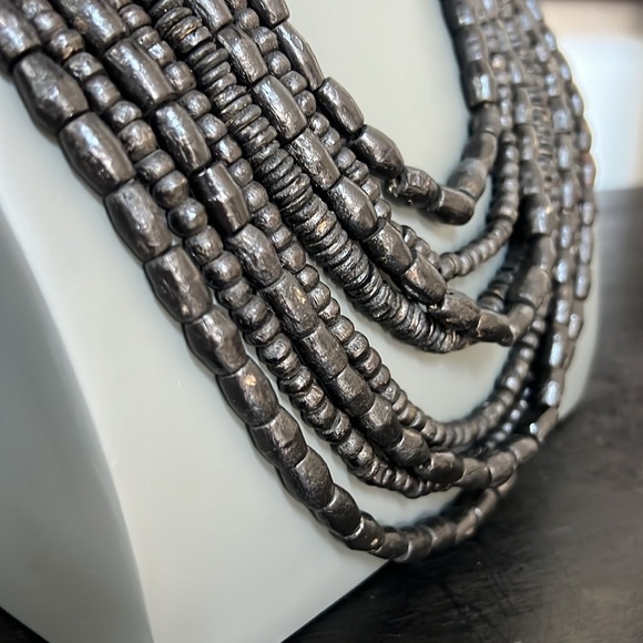 Black Dark Brown Wood Beaded Necklace 8 Strand Rounded Crochet Side Details - Picture 8 of 12